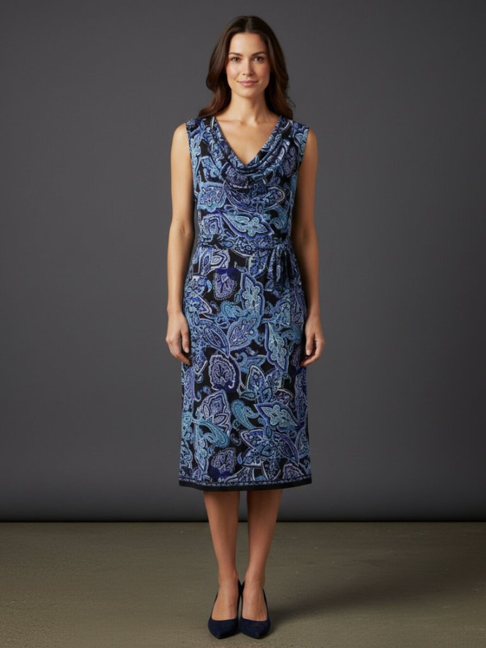 INC International Concepts Navy & Blue Paisley Cowl-Neck Midi Dress